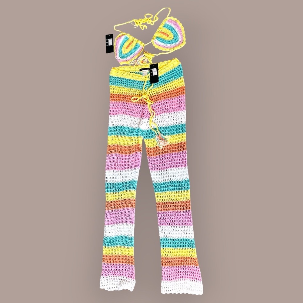 Hot & Delicious Crochet Rainbow Halter Top + Flare Pants Set L Festival Y2K - Picture 3 of 9